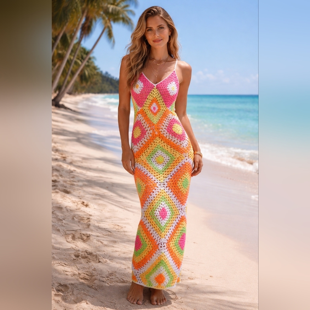 Fashion Nova Neon Crochet Granny Square Scarf in Orange, Pink, Lime & Yellow NWT